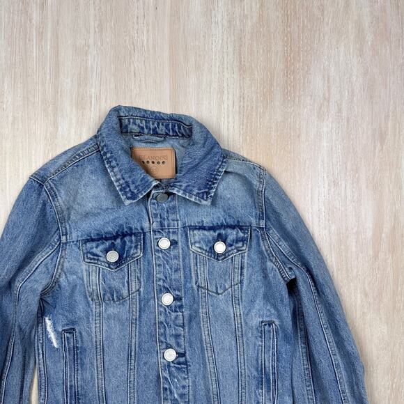 BLANK NYC Blue Raw Hem Distressed Denim Casual Button Front Trucker Jacket XS - Picture 2 of 13